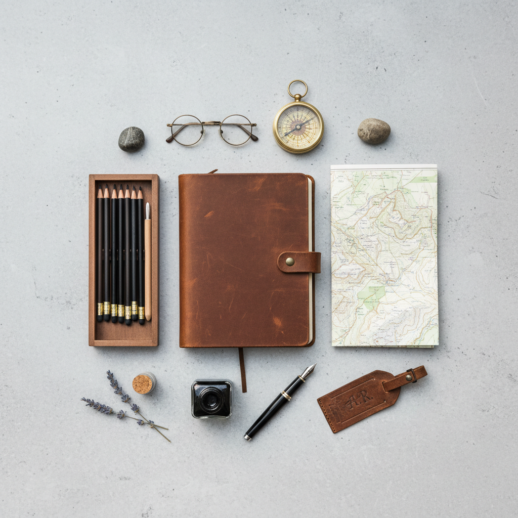A meticulously composed flat lay of travel essentials, including a soft leather-bound art journal, a compact charcoal pencil set, a folding topographic map, and a vintage brushed-brass compass, all arranged on a cool, pale stone surface. The setting hints at anticipation and creativity, perfect for an artist on the move. Overcast sky light softly illuminates the scene, creating subtle gradients and casting faint, graceful shadows. The mood is adventurous yet introspective, with a sophisticated traveler's touch. The image employs a centered, symmetrical composition with shallow depth of field, presenting every item with elegant clarity and refined minimalism.